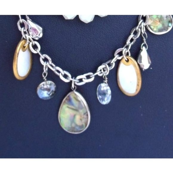 Ann Taylor Loft Silver Tone Multistrand Necklace w/ Faux Labradorite MOP & Cryst - Picture 2 of 5